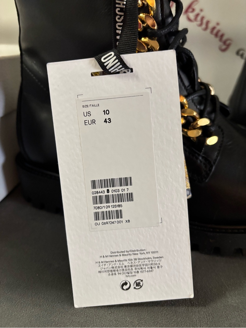 Moschino Black Leather Lace-Up Boots with Gold Chain Trim - Picture 6 of 10
